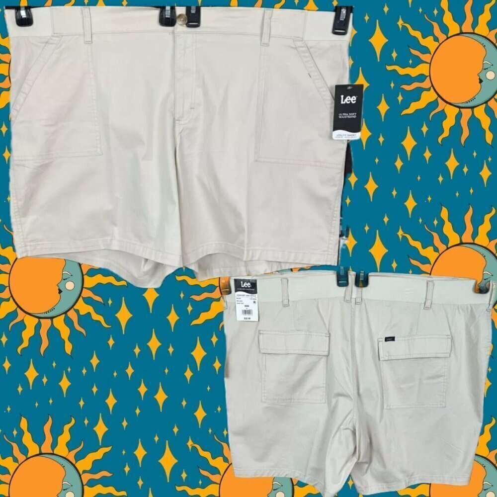 Lee Plus 26W Eggshell Button Zip Front Elastic Waist Back Pockets Utility Shorts
